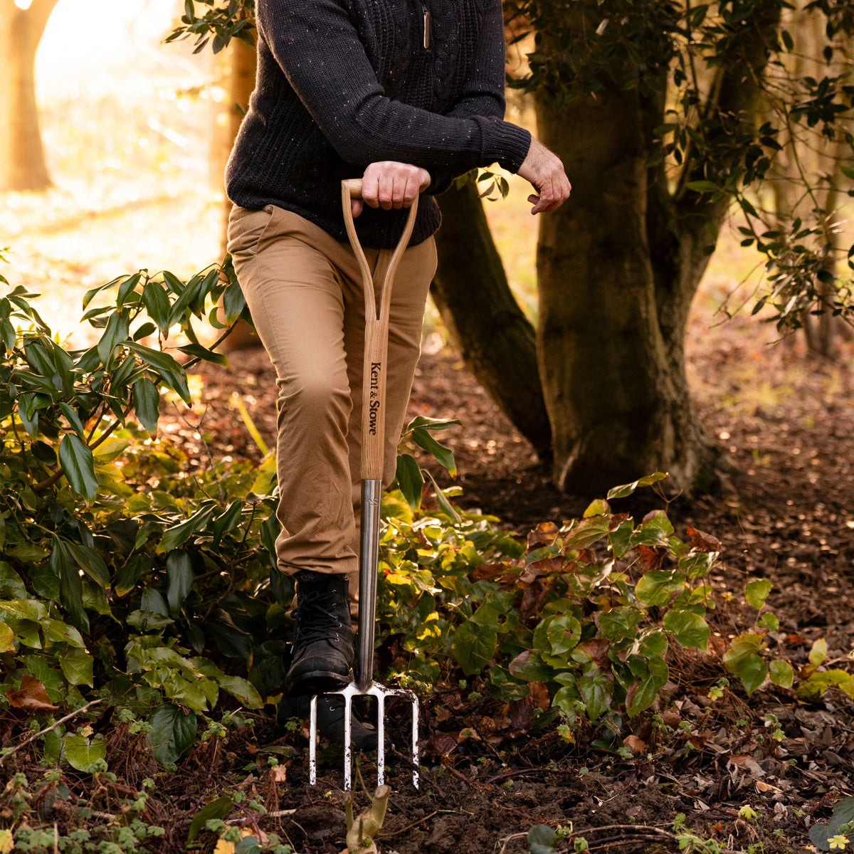 Kent & Stowe Stainless Steel Digging Fork in use